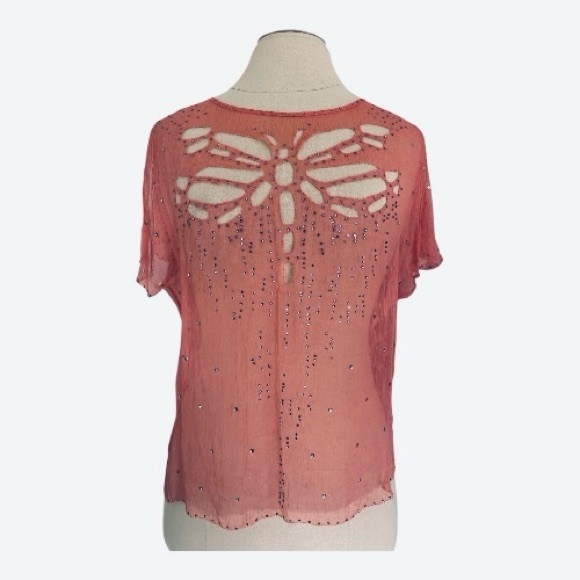 Catherine Malandrino Tops - Catherine Malandrino Coral Sheer Blouse with Dragonfly Cutout